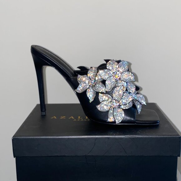 Statement Crystal Floral Mule Heels Square Toe - Picture 2 of 7